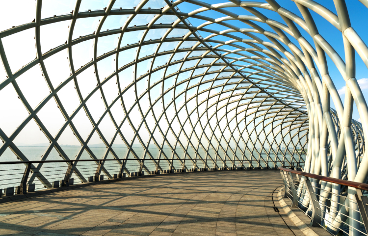 A walkway covered by a curved metal lattice structure